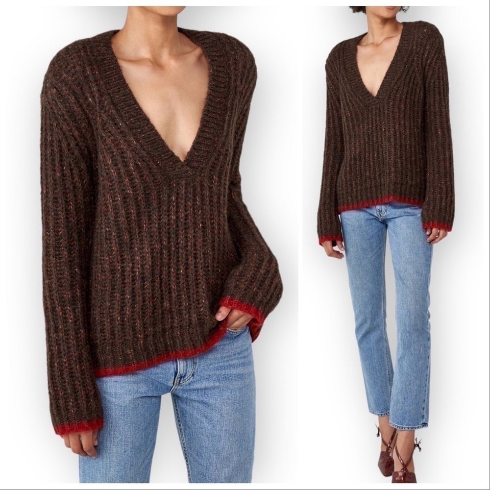 NWT La Ligne‎ Sweater  V neck alpaca wool sweater, Brown, Size XS